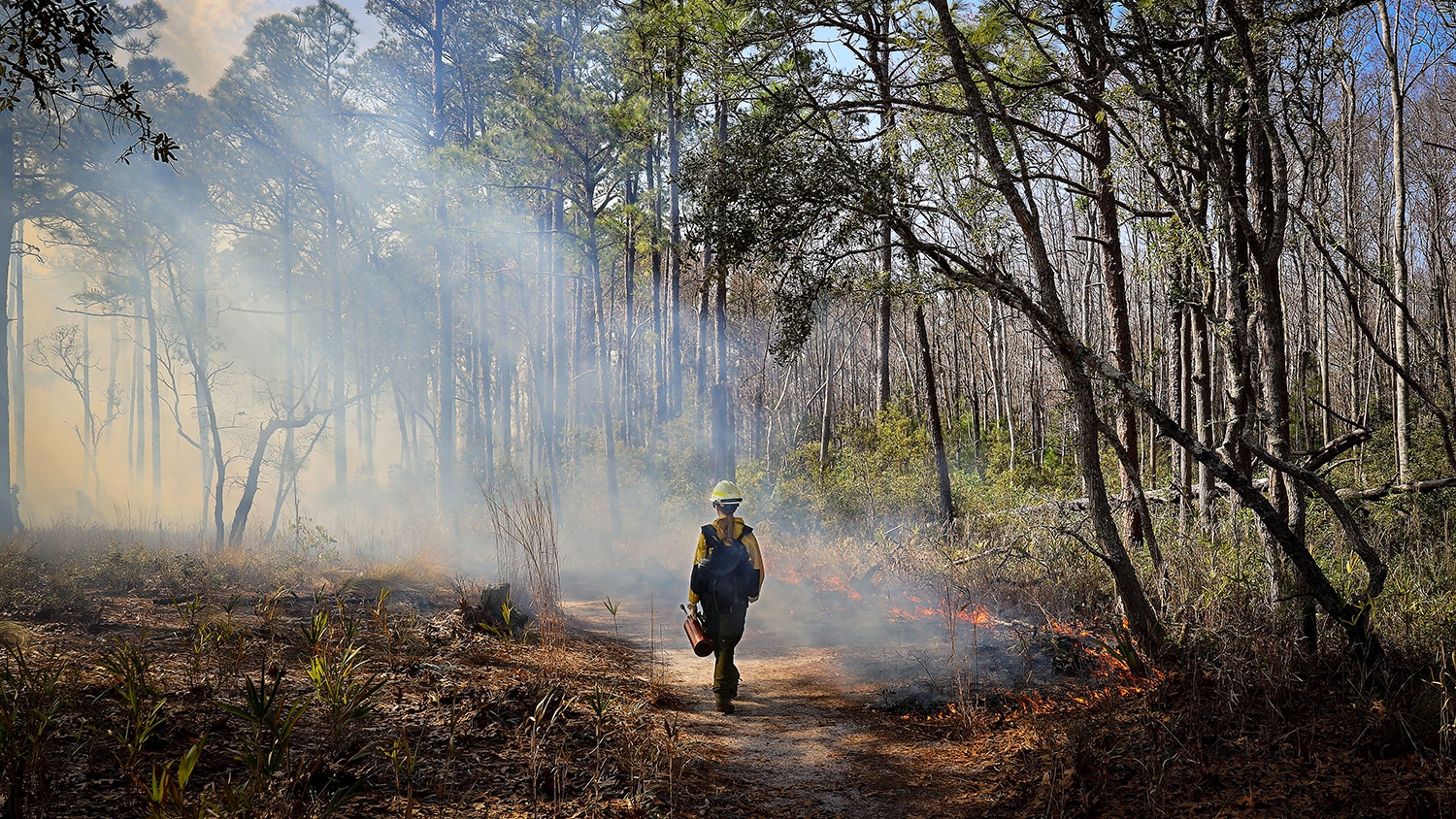 female firefighter walking in forest